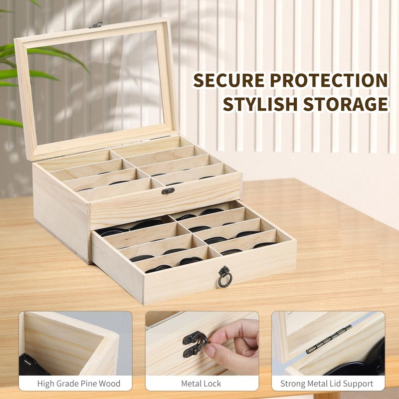 AUTOARK Pine Wood 16 Piece Eyeglasses Storage and Sunglass Glasses