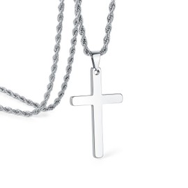 Cross Necklace for Men, Silver/Gold Rope Chain 18-26 Inch, 316L Stainless Steel Mens Cross Necklace (24 inches, Silver)
