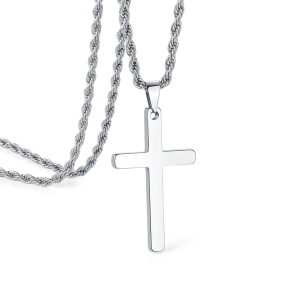 Cross Necklace for Men, Silver/Gold Rope Chain 18-26 Inch, 316L