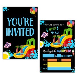 LyoGao Waterslide Birthday Party Invitations Summer Backyard Water Slide Bash Pool Party Fill in Invites Cards With Envelopes (20 Pack)