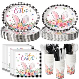 Havawish 350 Pcs Easter Bunny Party Supplies Happy Easter Disposable Tableware Set Buffalo Plaids Eggs Oval Paper Plates Cups Napkins Fork Knife Spoon for Spring Party Table Decorations(Easter)