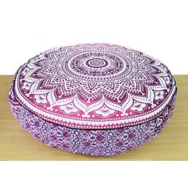ICC Large Hippie Mandala Round Floor Pillow Cover Ottoman Pouf Cover Daybed Oversized Cotton Cushion Cover with Heavy Duty Zipper Seating Ottoman Poufs Dog-Pets Bed (Pink Ombre, 35" Round)