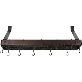 Old Dutch Wall-Mount Bookshelf Pot Rack with Grid & 12 Hooks, Oiled Bronze, 36.25" x 9" x 11.5"
