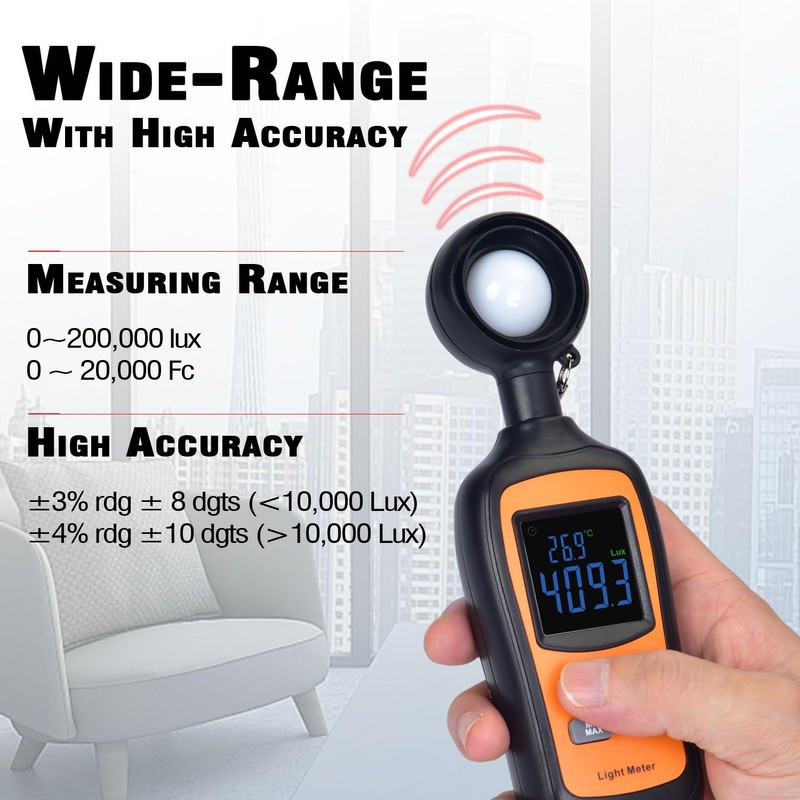 Digital Light Meter,V·Resourcing Handheld Illuminance Meter with Ambient Temperature Measurer,Range