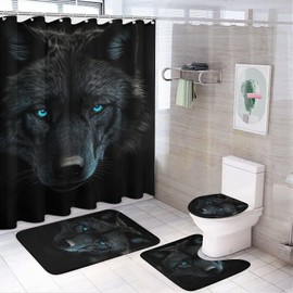 Dark Night Black Wolf Shower Curtain Set for Bathroom, 4Pcs Rustic Retro Style Bathroom Sets with Non Slip Rugs, Toilet Lid Cover, Bath Mat, Shower Curtain, Bathroom Decor