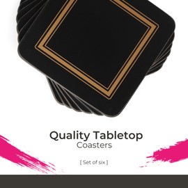 Pimpernel Classic Black Drink Coasters Set of 6 - Heat & Stain Resistant Square Coasters with Non-Slip Cork Backing for Hot and Cold Beverages - 4" Table Protectors for Home & Office