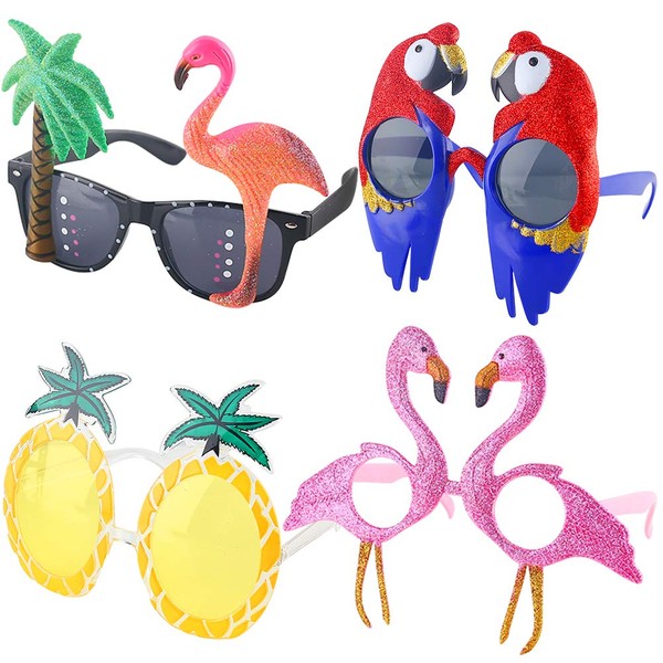 POPLAY 4 Pairs Luau Party Sunglasses,Funny Novelty Party Glasses Hawaiian Tropical Sunglasses Flamingo Coconut Pineapple Macaw Style Beach Photo Booth Props for Party Supplies