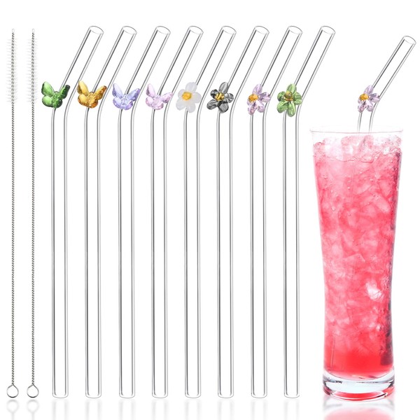 BIEOFFEI 8 Pack Reusable Glass Straws with Flower Butterfly 8"