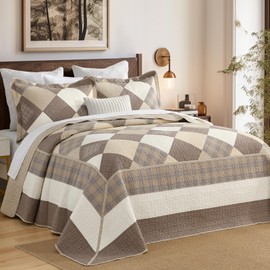 DDUOXIN 3 Piece King Bedspread 120"x120" - 100% Cotton Oversized King Quilt with 2 Pillow Shams, Farmhouse Lightweight Bedspreads Coverlet Sets for King Bed, Brown Beige Khaki, King