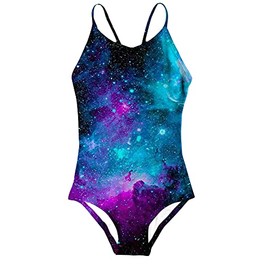 Girls One Piece Swimsuit Nebula Space Graphic Quick Dry Comfy Beach Hawaiian Bathing Suit with Mesh Lining 7-8 Years