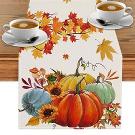 GreenYeah Pumpkins Sunflowers Autumn Table Runner, Maple Leaves Autumn Table Runner, Autumn Runner, Thanksgiving Table Decoration, Seasonal Kitchen Table, Indoor Holiday Party Decor, 40 x 180 cm (A)