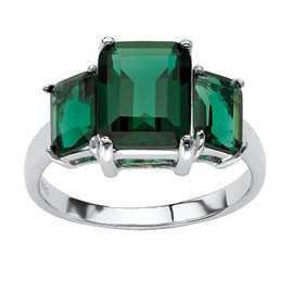 PalmBeach Sterling Silver Emerald Cut Simulated Green Emerald 3-Stone Ring Sizes 5-10 Size 5