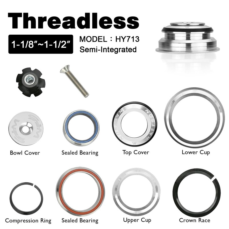 WFS HY713 1-1/8"-1-1/2" Semi-Integrated Threadless Headset 5.4mm Top Cone, Silver,