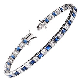 Franki Baker 925 Sterling Silver Beautiful Blue Princess Cut Sapphire & Diamond Crystals Tennis Bracelet. Length: 20cm