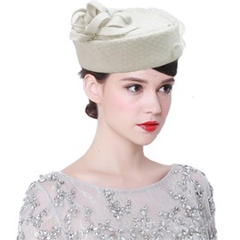 ORIDOOR British Style Pillbox Hat Women Church Derby Wedding Winter Vintage Fascinator Beret 100 Percent Wool Felt Hat with Veil (05A White), One Size