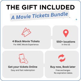 WONDERBOX – AMC Movie Theatres Tickets Bundle - 4 Black Tickets – Original Gift Idea - Experience Gift - 550 Locations in The US