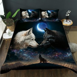 AILONEN Wolf Couples Duvet Cover Set Twin Size, Evening Snowfield Moon Wolf Bedding Set,Milky Way Comforter Cover 3 Pieces,Howling Wild Wolf Duvet Cover,1 Quilt Cover and 2 Pillowcases,Soft