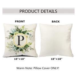 Snylcee Monogram Letter P Throw Pillow Covers Floral 18x18 Inch, Greenery Spring Pillows Decorative Throw Pillows Pillowcase Summer Farmhouse Decor for Couch Sofa, Family Last Name Initial Pillow Case