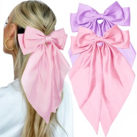 JOYRUBY Pink Bow Purple Hair Bow Clips, 2PCS Silky Satin Large Hair Bows for Women, Long Tail Big Bows for Girls, Pink Coquette Bows Hair Accessories