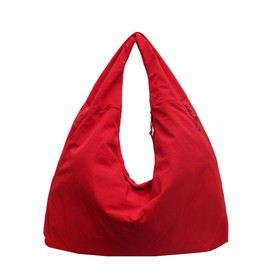 Extolove Slouchy Tote Bag Multipockets Nylon Purse Large Hobo Bags for Women Solid Color Crescent Handbag, Red