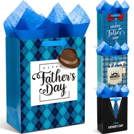 Kolldenn 13" Large Fathers Day Gift Bags with Tissue Paper Happy Father's Day Gift Bag Bulk 4 Designs Dad Present Wrapping Supplies with Handle for Men Dad Father Grandpa Party Favor Supplies(4 Pcs)