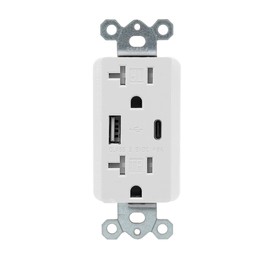 Maxxima USB Wall Outlet Receptacle - High Speed Charging for Smart Devices, 4.8A USB Type-C/A, 2 Standard Outlets, 1 USB C 1 USB A Charging Ports, 20A Tamper-Resistant, White Wall Plate Included