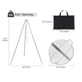 Lineslife Campfire Tripod Grill for Cooking, Durable Stainless Steel Camping Fire Tripod Grill with Round Grate and Carrying Bag for Outdoor BBQ, Silver