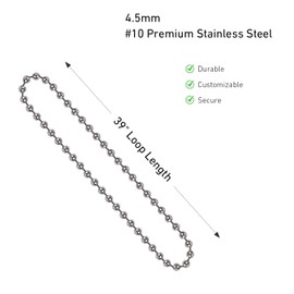 #10 Stainless Steel Bead Chain for Roller Shades & Vertical Blinds - 1 Meter Length (39inch) - Includes 3 Metal Connectors