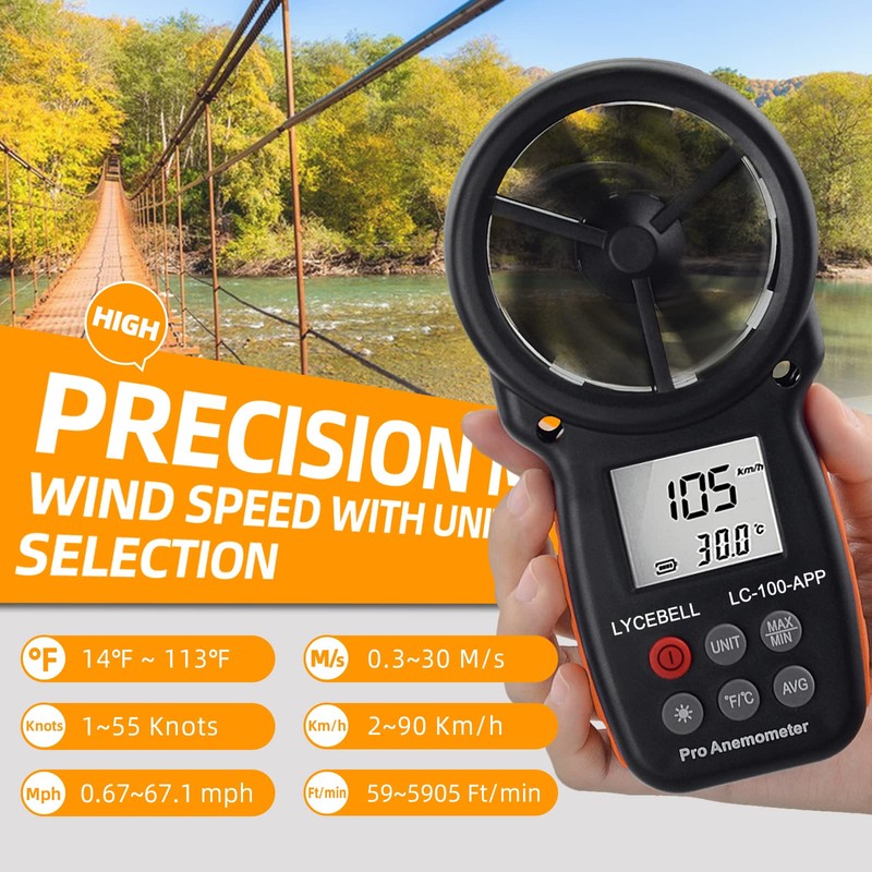 LYCEBELL LC-100-APP Digital Anemometer APP Connect with Wireless Bluetooth for