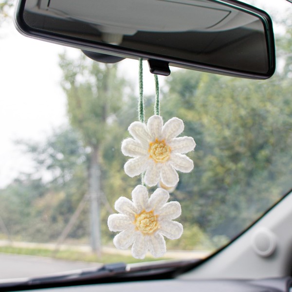 Cute Crochet Flower Car Accessories for Women Rear View Mirror Accessories Handmade Knitted Daisy Car Decor Car Accessories Aesthetic Car Mirror Hanging Accessories(White)