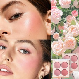 Blushers for Cheeks Make Up, 4-In-1 Pink Blush Palette, Matte Powder Blush, Natural Peach Highly Pigmented Long-Lasting Blendable Blusher Palette for Women, Suitable for All Skin Tones