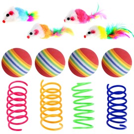 12 Pcs Interactive Cat Toys, Wee Kitten Mice Toys with Feather Tail, Realistic Toy, Colourful Cat Spring, Rainbow Striped Sponge Balls, Sports Chase Training Toys for Playing Chewing Exercise Hunting