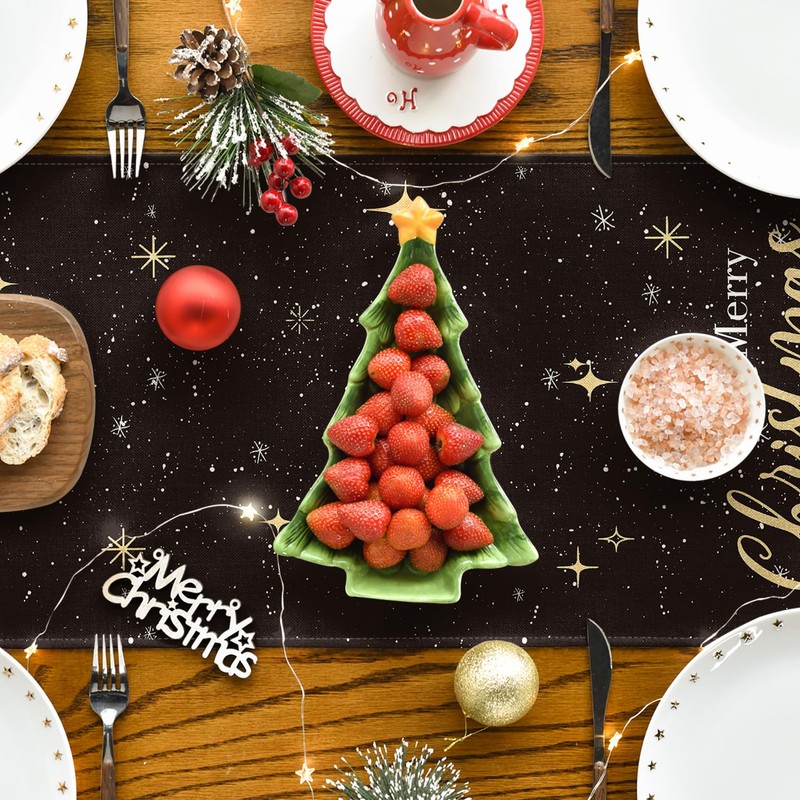 Artoid Mode Black Trees Snowflakes Merry Christmas Table Runner Winter