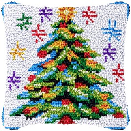 Colorful Christmas Tree Latch Hook Pillow Kit for Adults Throw Pillow Cover with Printed Canvas DIY Hook Crochet Yarn Needle Craft Easy Handmade Cushion for Home Sofa Decoration 43x43cm(5)