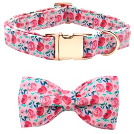 Bobo Rainbow Dog Collar Pink Flowers Print Dog Collar Girl Cute Dog Collar with Bow Adjustable Metal Buckle Collar Gift Collar for Medium Dogs