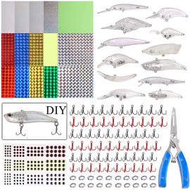 Unpainted Fishing Lures Making Kit DIY Crankbaits Minnow Kit - 321/355pcs Blank Hard Bait Lure Set Include Pliers Treble Hook Split Rings Lure Eyes Stickers Making Supplies Make Your Own Fishing Lures