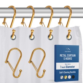 Blau Marité 12 Decorative Metal Shower Curtain Hooks, S-Shaped Hooks with Anti-Fall System, Rust-Proof Shower Rings with Safety Buckle, Fits Rods Up to 1-Inch Diameter (S, Gold)