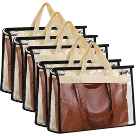 Gabotrie 5 Pack Dust Bags for Handbags,Purse Dust Bags with Zipper and Handle,Clear Anti-dust Purse Storage Bag,Hanging Handbags Cover for Closet Hanging Storage(Large)