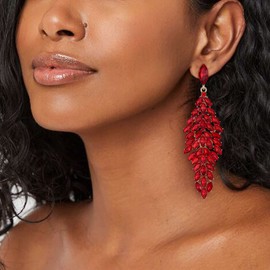 EVER FAITH Crystal Fashion Statement Dangle Drop Earrings, Art Deco Marquise Chandelier Earrings for Woman Red Gold-Tone