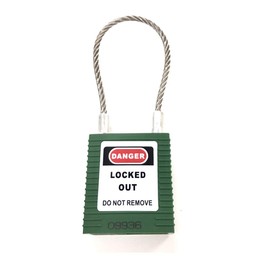 Lockout Cable Padlock Green Body: High Performance Plastic, Nylon, Hanging: Stainless Steel, Includes 2 Keys, Wire Type, Hanging Diameter 0.13 x H5.9 inches (3.2 mm) x H 5.9 inches (150 mm), Green