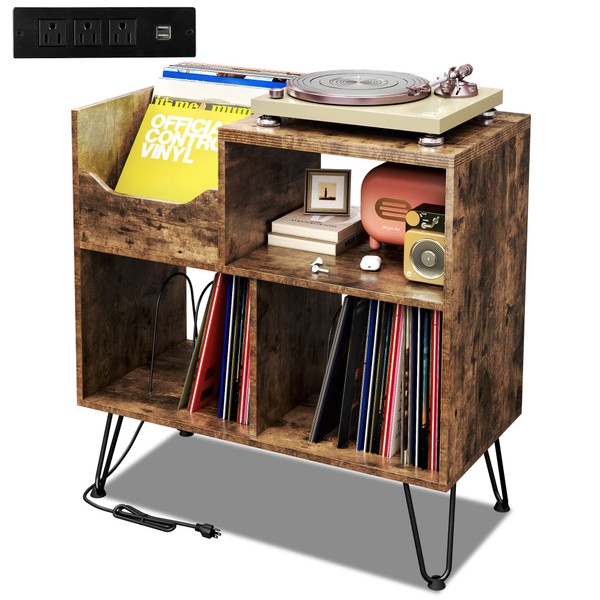 TC-HOMENY Record Player Stand with Vibration-Isolated Turntable Design, Vinyl Record Storage Table with Charging Station, Mid-Century Modern Turntable Stand