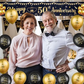 HEQU 50th Anniversary Decorations Kit, 50th Wedding Anniversary Decorations, Black Gold 50 Years Banner Backdrop with 50-Shaped Foil Balloons, Black Gold Balloons, Triangle Flag Bunting