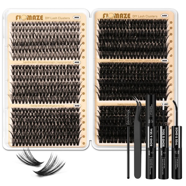FLOMAZE Lash Clusters, 708 pcs Lash Clusters Eyelash Extension Kit,