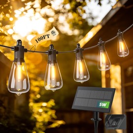 100FT Solar String Lights Outdoor Waterproof IP65 with USB-Charging , Solar Powered LED Patio Lights with 50+2 Shatterproof ST38 Edison Bulbs, Hanging Lights for Outside Backyard Garden Bistro Gazebo