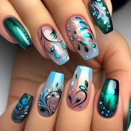 Square Press on Nails Medium Coffin Fake Nails with Designs Green Leaf Glue on Nails Blue French Acrylic False Nails Glossy Artificial Nails Full Cover Stick on Nails for Coquette Women