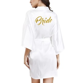 ALHAVONE Bride Bridesmaid Robes with Glittering for Wedding Bridal Party Womens Short Silky Satin Robe One Size (White, Bride)