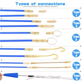 30 Feet Fiberglass Fish Tape Cable Rods, Electrical Wire Running Pull/Push Kit With Hook And Hole Kit In Transparent Tube