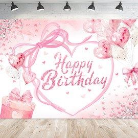 Newsely Coquette Happy Birthday Backdrop 8Wx6H Photography Pink Bow Heart Balloons Preppy Diamonds Sweet Princess Background for Girls Bachelorette Party Decorations Banner Photo Booth Props Supplies
