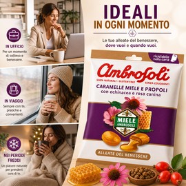 Ambrosoli Caramelle Miele e Propoli con Echinacea e Rosa Canina – Caramelle Ripiene con Estratti Naturali, Gusto Delicato, Busta 90 g