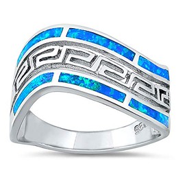 CloseoutWarehouse Blue Simulated Opal Wavy Greek Design Ring Sterling Silver Size 10